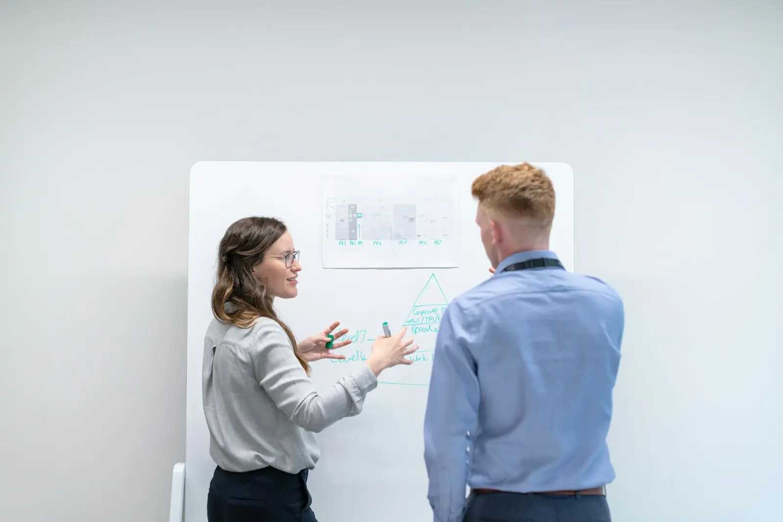 Twee collega's bespreken een plan aan een whiteboard